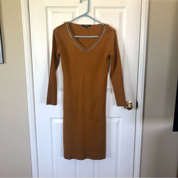 Lonyuash size Small Knit Brown Sweater Dress Silver beading scoop neck party - Picture 2 of 8